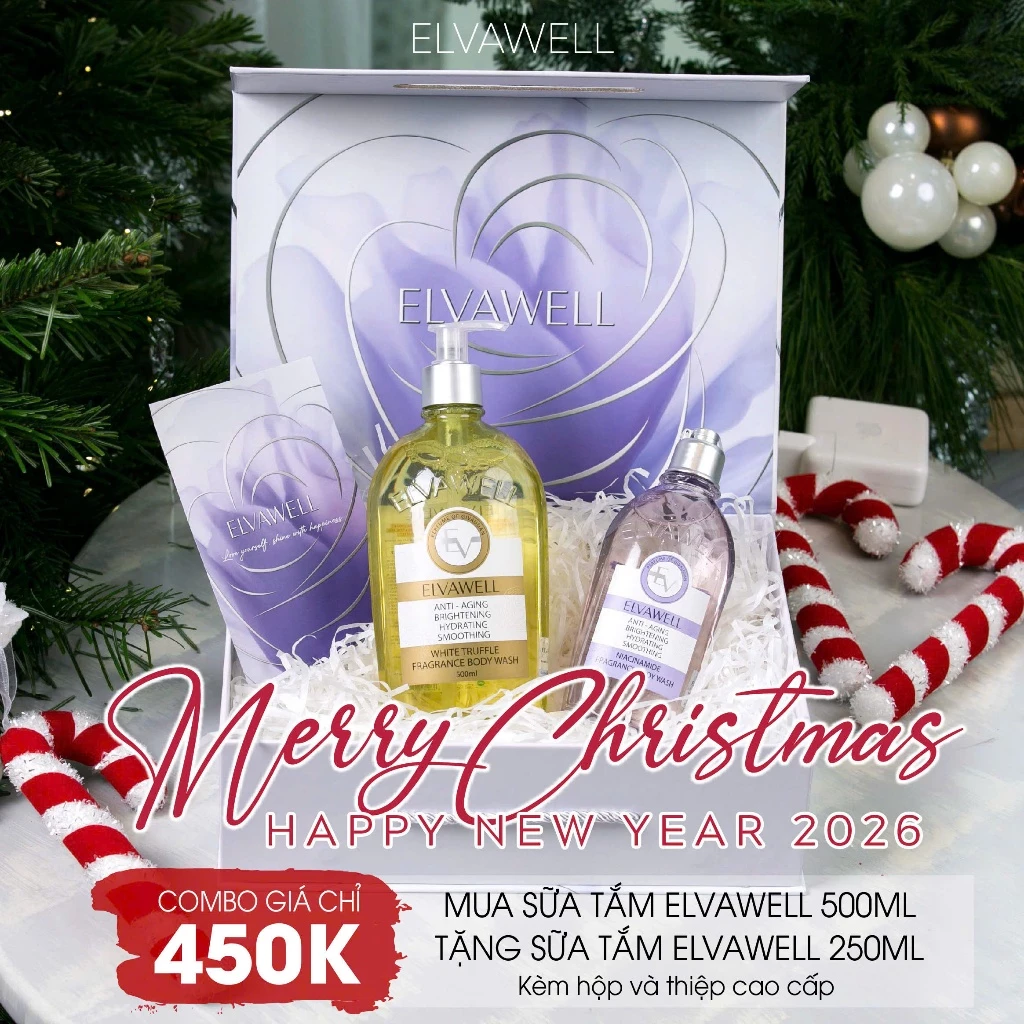 Hộp quà tím ELVAWELL Sữa tắm nước hoa chiết xuất Nấm Truffle Elvawell, Tặng 1 chai 250ml
