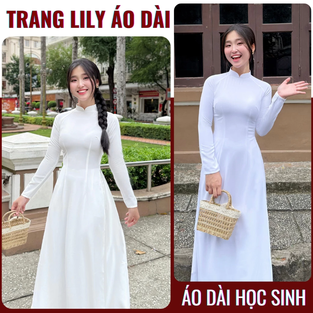 Áo Dài Trắng Học Sinh, Cổ Truyền Thống, Đồng Phục Cấp 3, Tà Chữ A, Cổ Áo 2,5cm, Tay Dài, chụp kỉ yếu -Trang Lily Áo Dài
