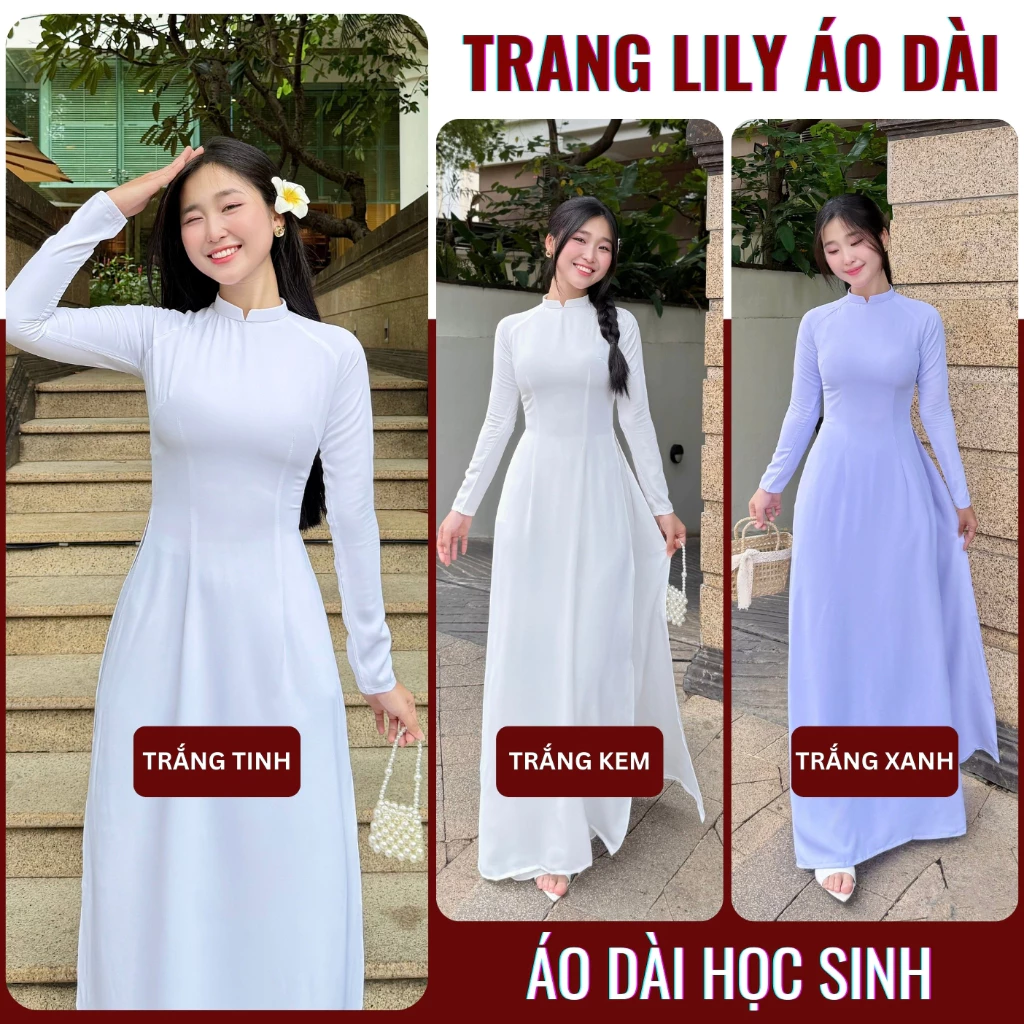 [TAY DÀI] Áo dài trắng học sinh cấp 3, cổ  V, tay dài,tà chữ A truyền thống, chất liệu lụa Mỹ - Trang Lily Áo Dài