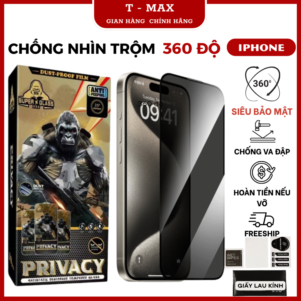 Kính Cường Lực Chống Nhìn Trộm 360 Độ Cho Iphone 17 Pro Max/16/15/14/13/12/11