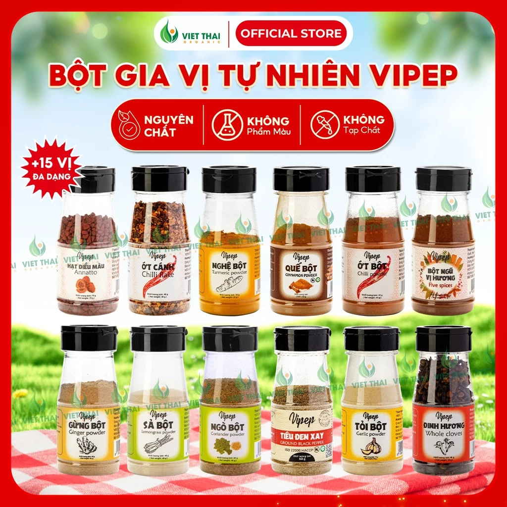 [FULL 15 LOẠI] Gia Vị Nấu Ăn Vipep Thơm Ngon Tự Nhiên - Bột Ớt, Tỏi, Gừng, Quế, Nghệ, Ngũ Vị Hương,Tiêu Xay Nguyên Chất