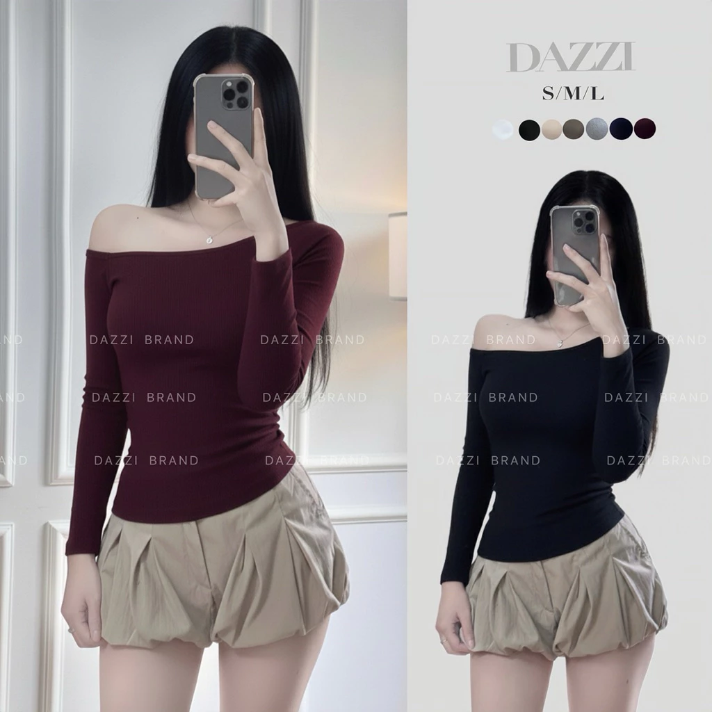 Áo thun nữ lệch vai tay dài DAZZI form ôm body,áo babytee tay dài vải cotton co dãn 4 chiều A026D