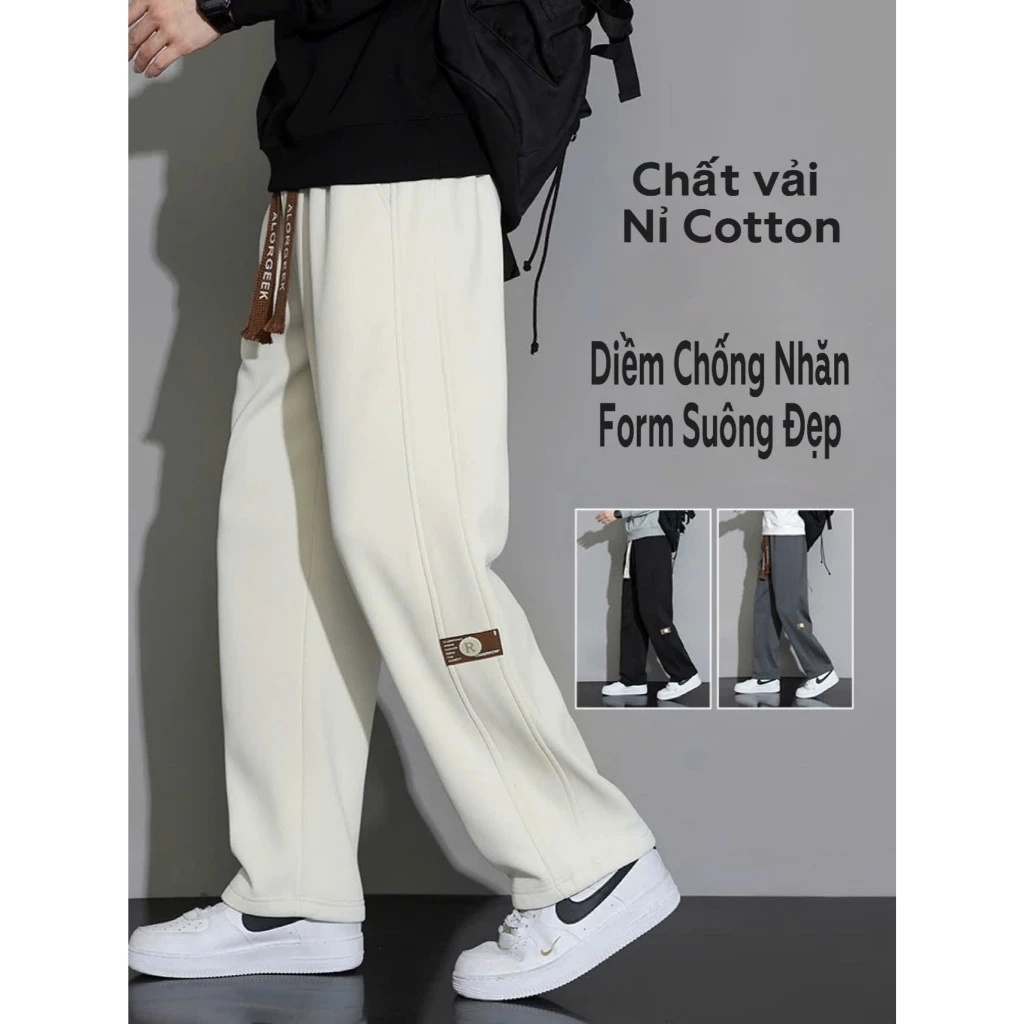 Quần Ống Rộng Nỉ Cotton Unisex Loại 1,Quần Dài Cạp Chun Có Túi Hậu Thêu Logo, Dày Dặn Ấm Áp