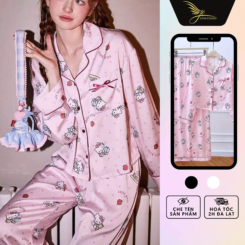 Bộ Pijama Mặc Nhà, Đồ Bộ Áo Croptop Quần dài HelloKitty JUNA Freesize Thời Trang Đồ Ngủ Dành Cho Nữ, Chất Vải Lụa/SP6717