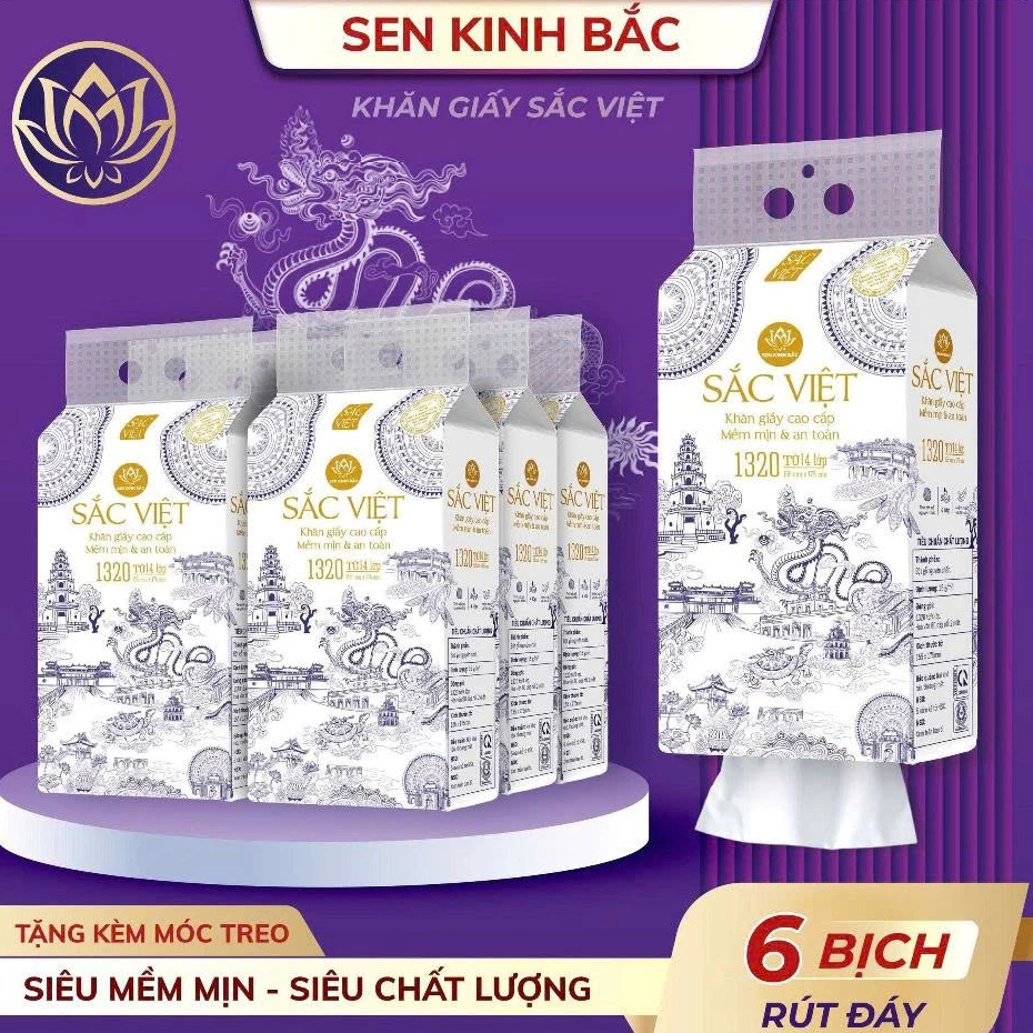 Thùng 6 bịch khăn giấy vệ sinh treo tường Sắc Việt, khăn giấy treo tường 1320 tờ 4 lớp