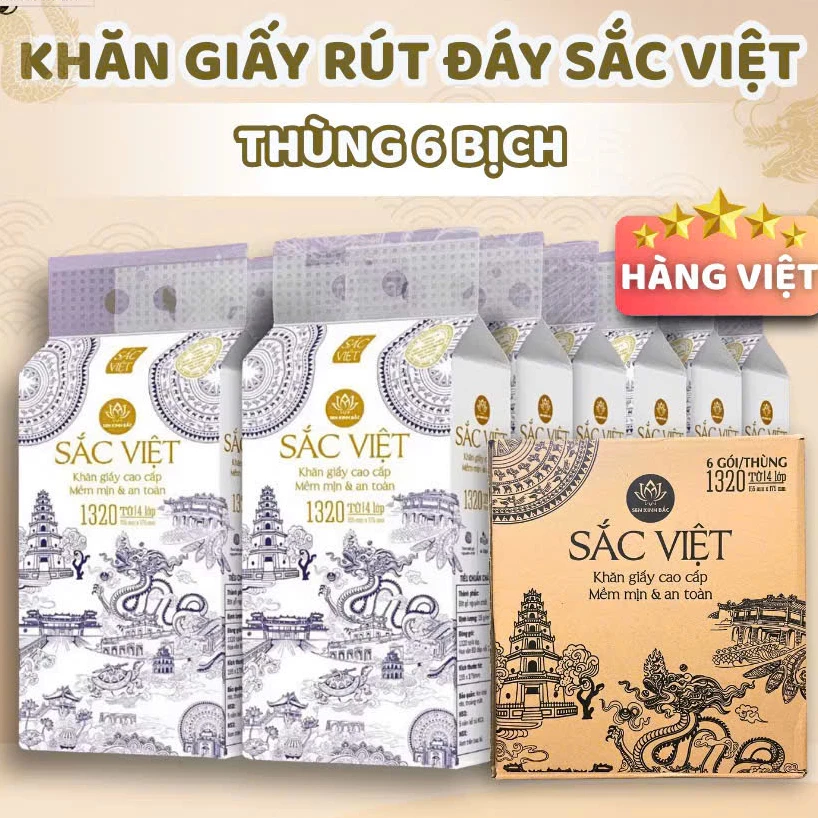 Thùng 6 Bịch Giấy Rút Treo Tường Sắc Việt 1320 Tờ 4 Lớp Mềm Mịn,Thành Phần Bột Gỗ Tự Nhiên 100%