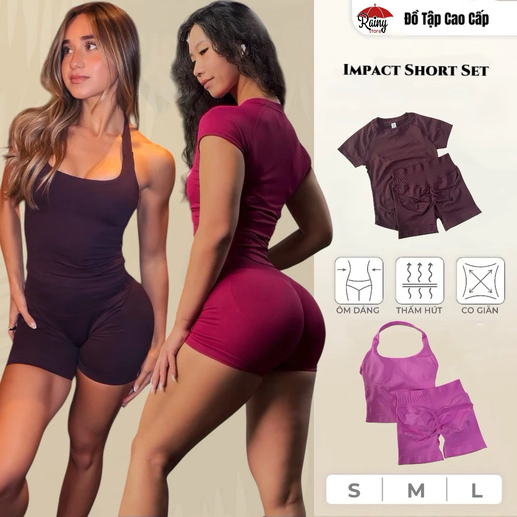 Bộ Thể Thao Gym Nữ Impact, Áo Thun Không Mút Lót/ Yếm Dài Sẵn Mút Lót Chất Dệt Kim Cao Cấp- Rainy Store