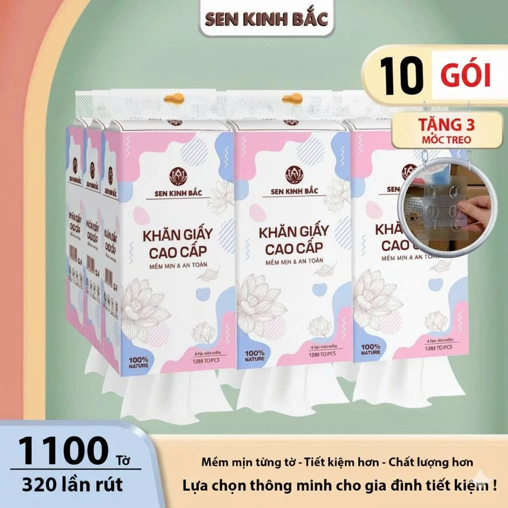 Thùng 10 Bịch Giấy Treo Tường Sen Kinh Bắc 1100 Tờ Giấy 4 Lớp Mềm Mịn