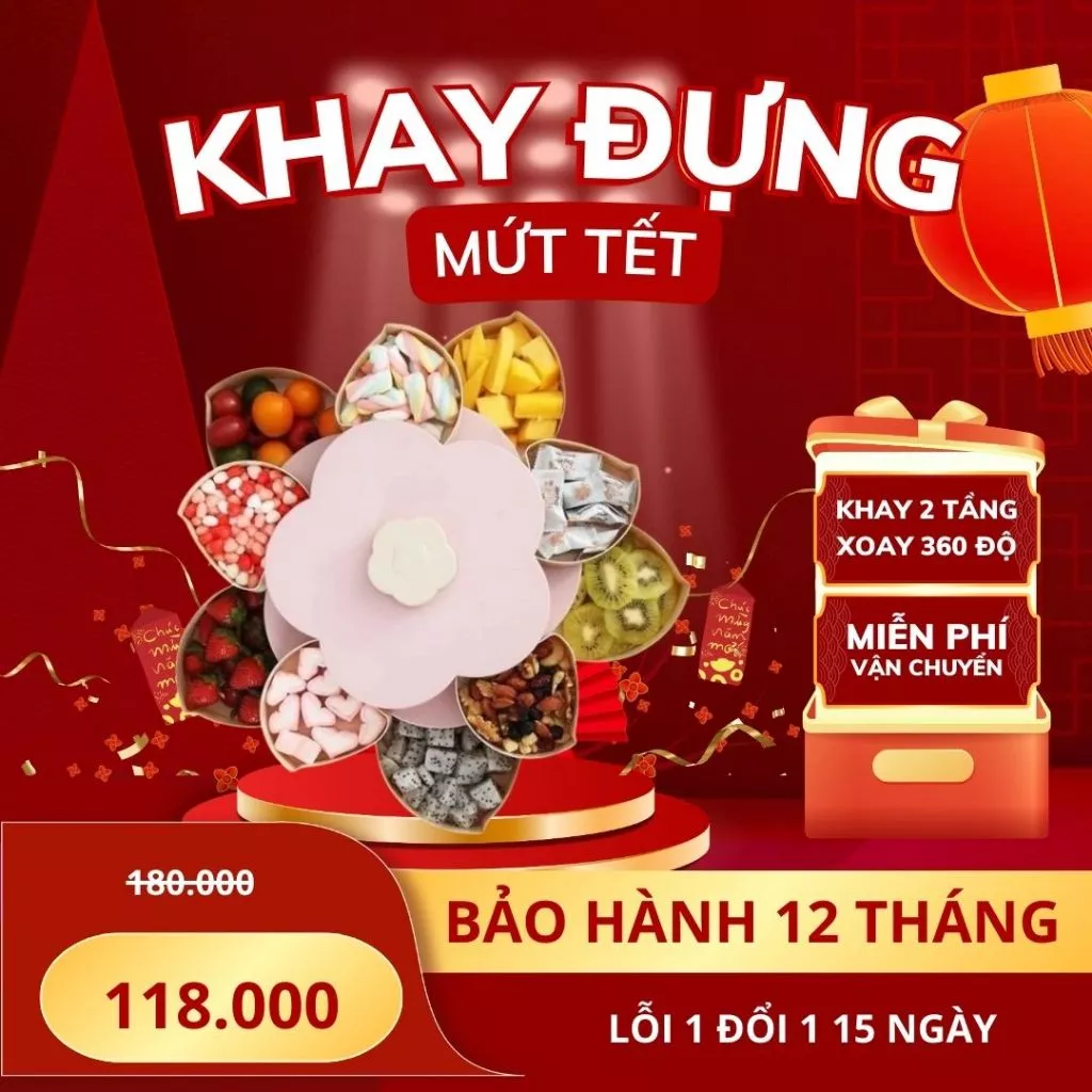 Khay mứt tết 2 tầng xoay 360 độ Song Anh cao cấp, hộp đựng mứt bánh kẹo Tết 2026 hình hoa 10 cánh