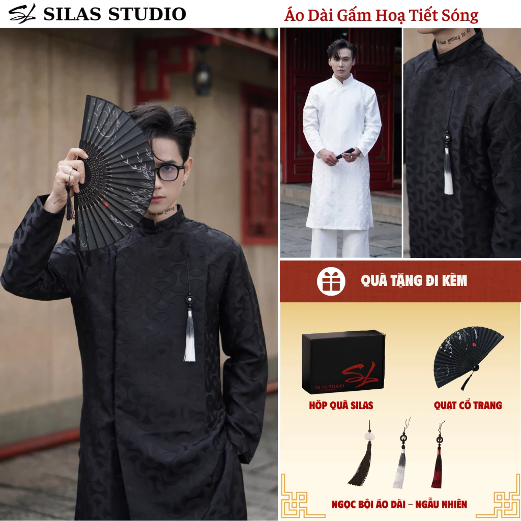 (Deal Tết + Tặng Quạt + Ngọc Bội) Áo Dài Tết SILAS Gấm Họa Tiết Sóng Tôn Vai - ADSL02