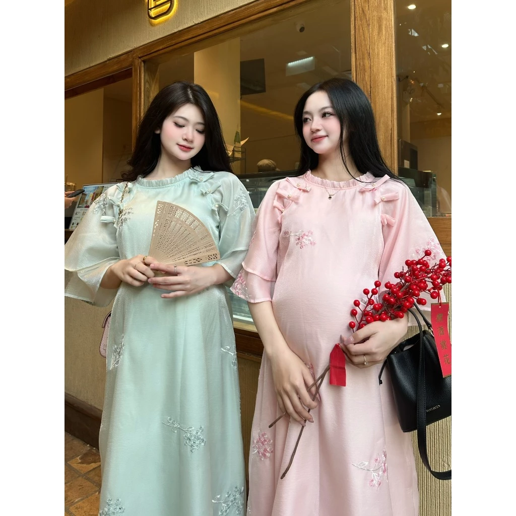 Đầm váy bầu Tết MAMI MS151 dáng suông cho mẹ bầu diện tết áo dài tết đẹp lịch sự sang trọng