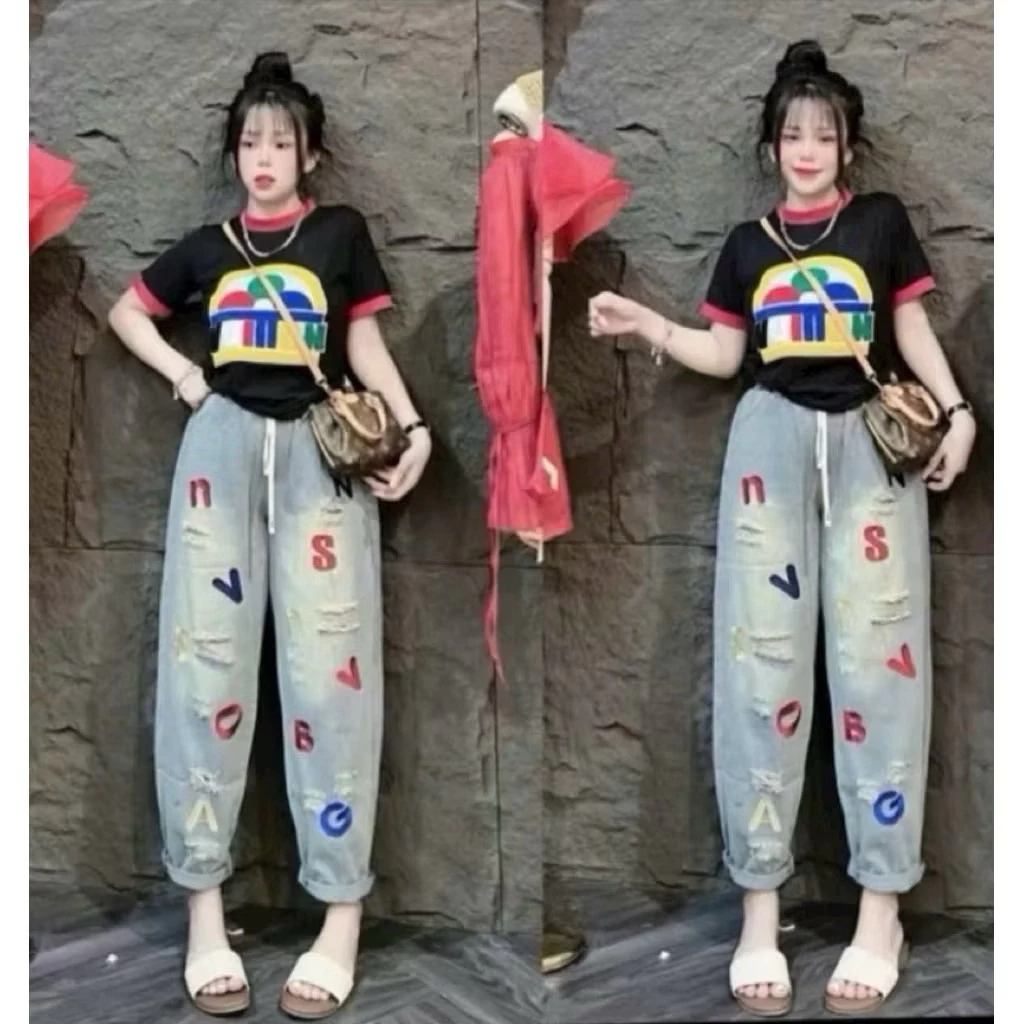 Quần jeans baggy nữ hoạ tiết thêu cạp chun lưng cao mặc thoải mái