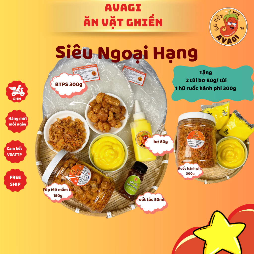 [Kèm sốt tắc]CB SIÊU NGOẠI HẠNG (TÓP MỠ Mắm Tỏi + Bơ Siêu To+Ruốc Hành Phi + Bánh Tráng Phơi Sương)