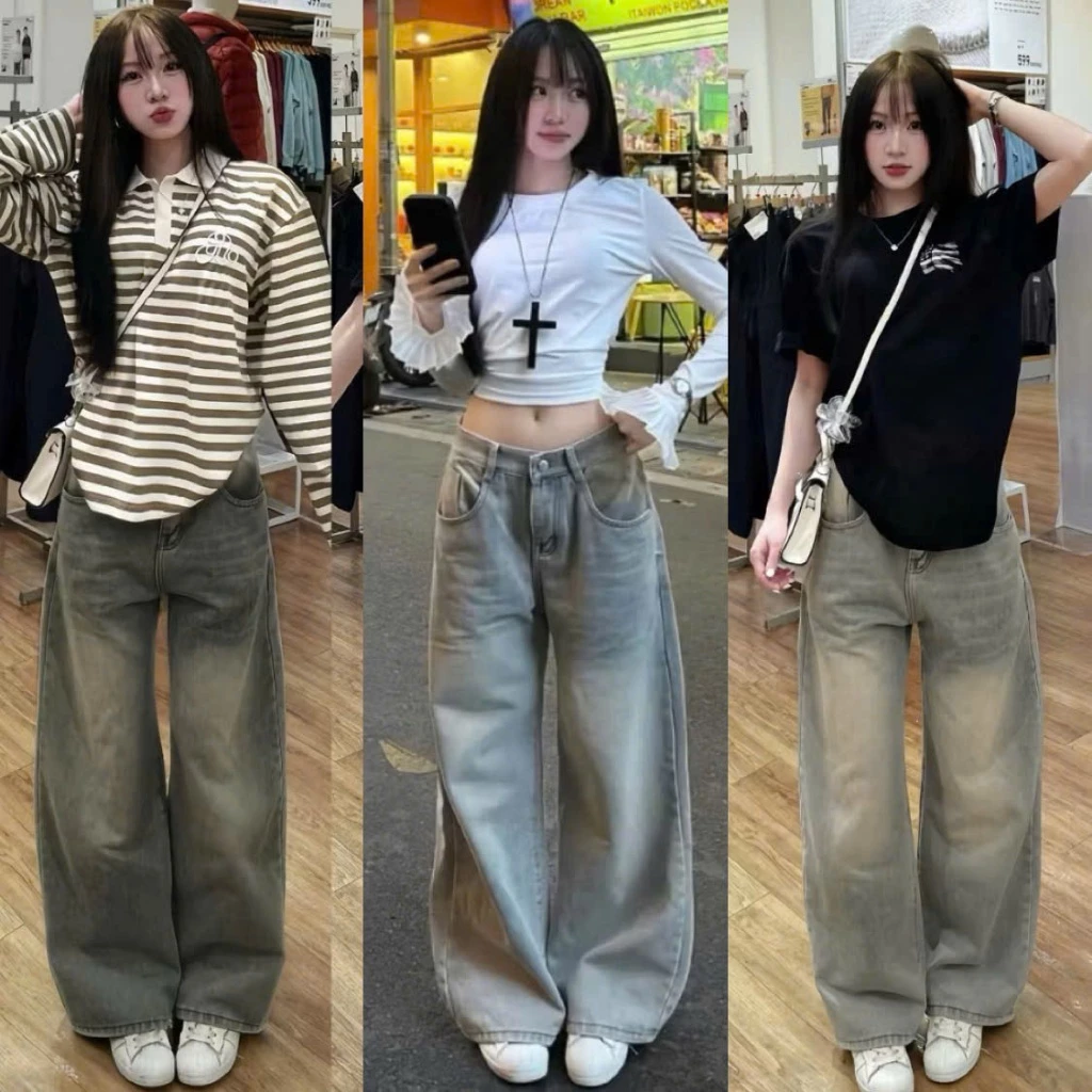 Quần jean bò ống rộng suông xuông nữ jeans cạp cao phong cách style