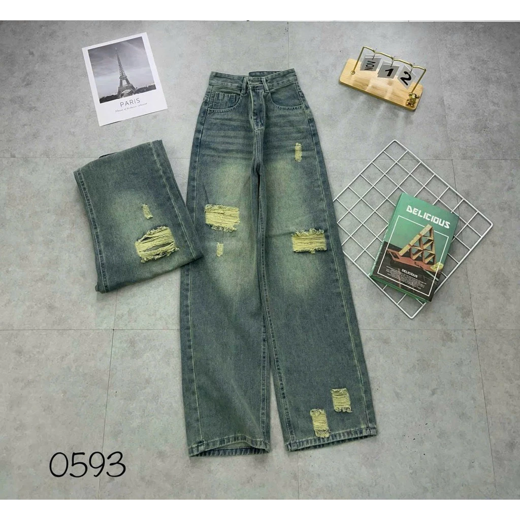 Quần baggy ống suông rách gối,Quần jean nữ cạp cao ống rộng