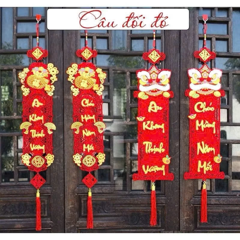 Cặp Liễn Nhung Câu Đối Lân  Túi Vàng Mẫu đẹp Nhung Chúc Mừng Năm Mới, An Khang Thịnh Vượng ,Kèm 2 Móc Treo