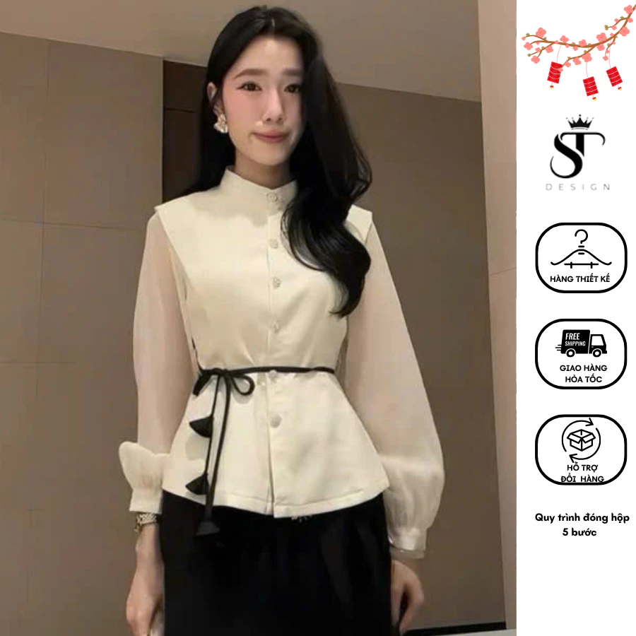 Áo Sơ Mi Nữ Chiết Eo Màu Be Thiết Kế Sang Trọng Tặng Dây Thắt Eo Phong Cách Hiện Đại - ST Design - 52