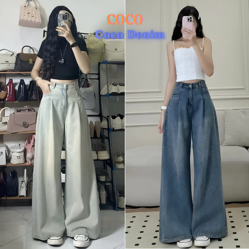 Quần Jeans Nữ Ông Rộng Xếp Ly Trước Cạp Cao Wash Màu Xanh Rêu Bạc Tôn Dáng, Quần Jeans Suông Ống Rộng form WOMEN PANTS