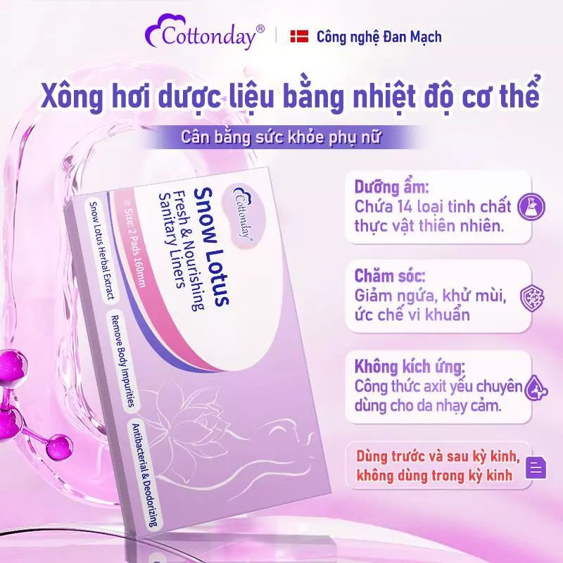 Băng vệ sinh Cottonday có đặc tính kháng khuẩn, khử mùi, thải độc và giảm ngứa, giảm đau bụng kinh và làm ấm tử cung.