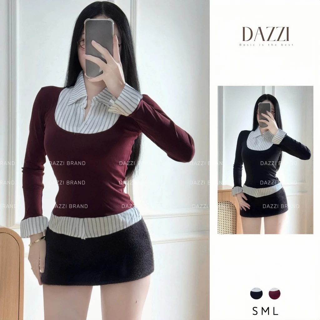 [MỞ BÁN] Áo thun nữ phối cổ sơ mi sọc tay dài thiết kế ôm dáng chất cotton mịn DAZZI Women A068TD