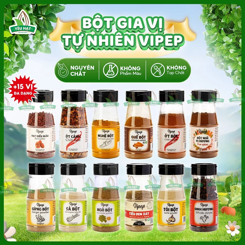 [+15 LOẠI ĐA DẠNG] Gia Vị Nấu Ăn Vipep Thơm Ngon Tự Nhiên - Bột Ớt, Tỏi, Hành, Gừng, Sả,Quế, Nghệ, Ngũ Vị Hương,Tiêu Xay