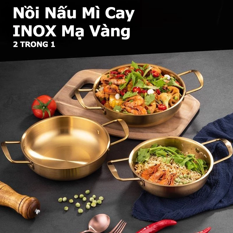 Nồi Nấu Mì Cay INOX Mạ Vàng, Chảo Đáy Sâu Chống Dính Làm Nồi Lẩu,Xào Nướng Tại Bàn,Dùng Được Bếp Gas
