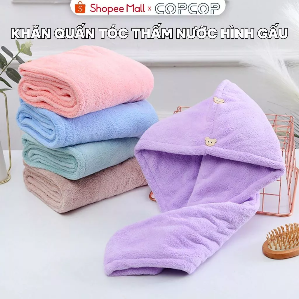 Khăn quấn tóc thấm nước COPCOP mũ trùm tóc thấm nước nhanh khô tiện lợi khăn lau tóc hình gấu