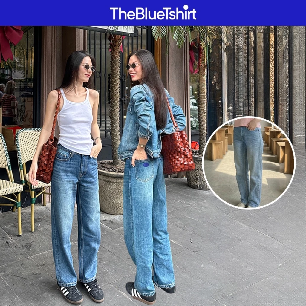 TheBlueTshirt - Quần jeans ống suông cạp cao nữ - Girl Jeans Blue City - Women
