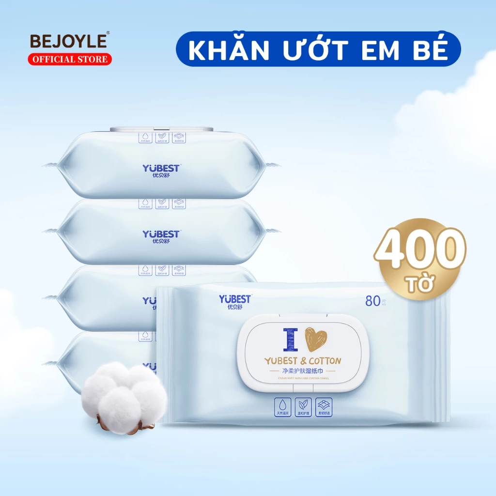 Combo 5 Gói Khăn Ướt Bejoyle 400 Tờ Cao Cấp Không Mùi Không Cồn Dịu Nhẹ Cho Mẹ Và Bé Trọng Lượng 400-450gr