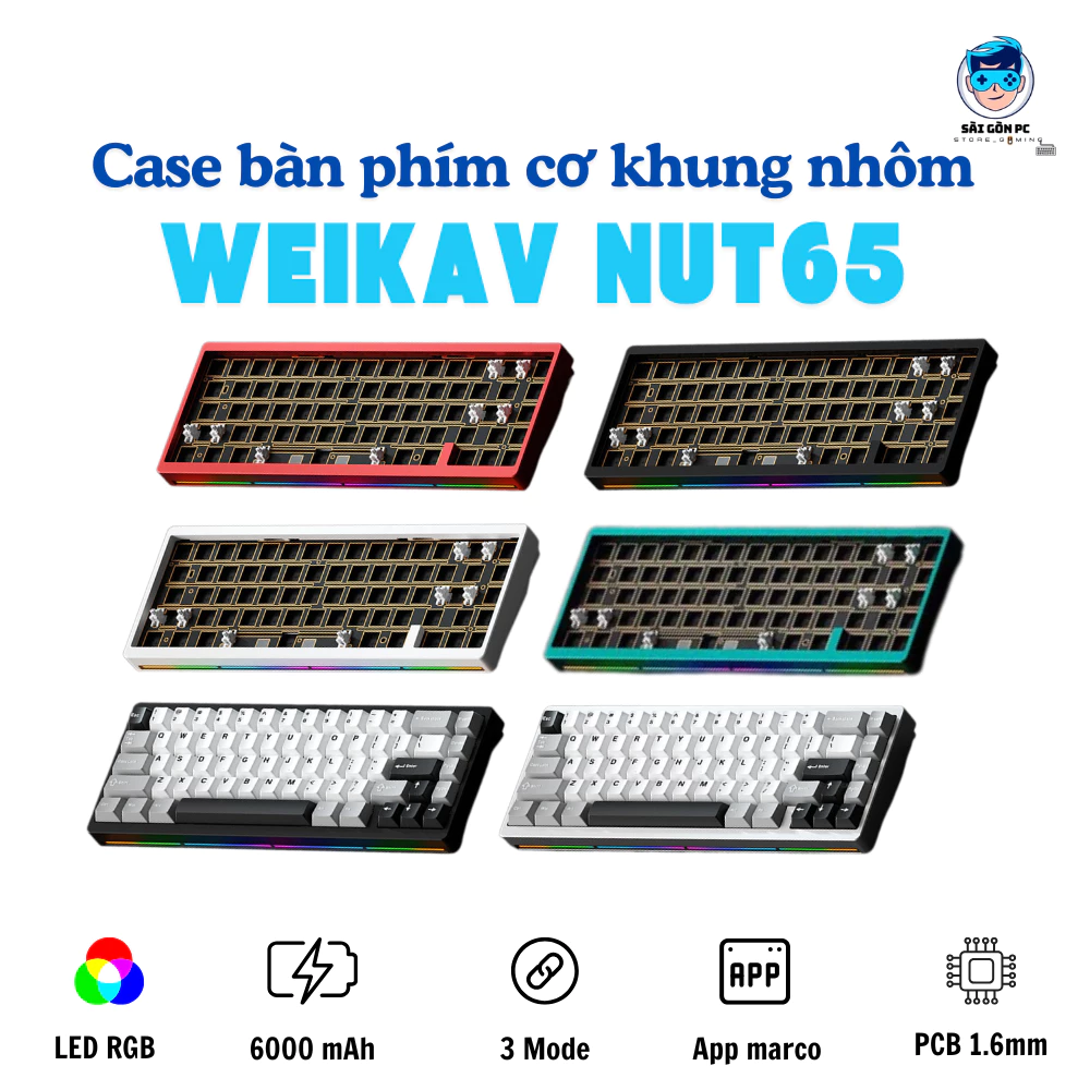 Case bàn phím cơ khung nhôm WEIKAV NUT65 - PCB 1.6mm - 3 mode - Gasket Mount - LED RGB - Có APP - Hotswap