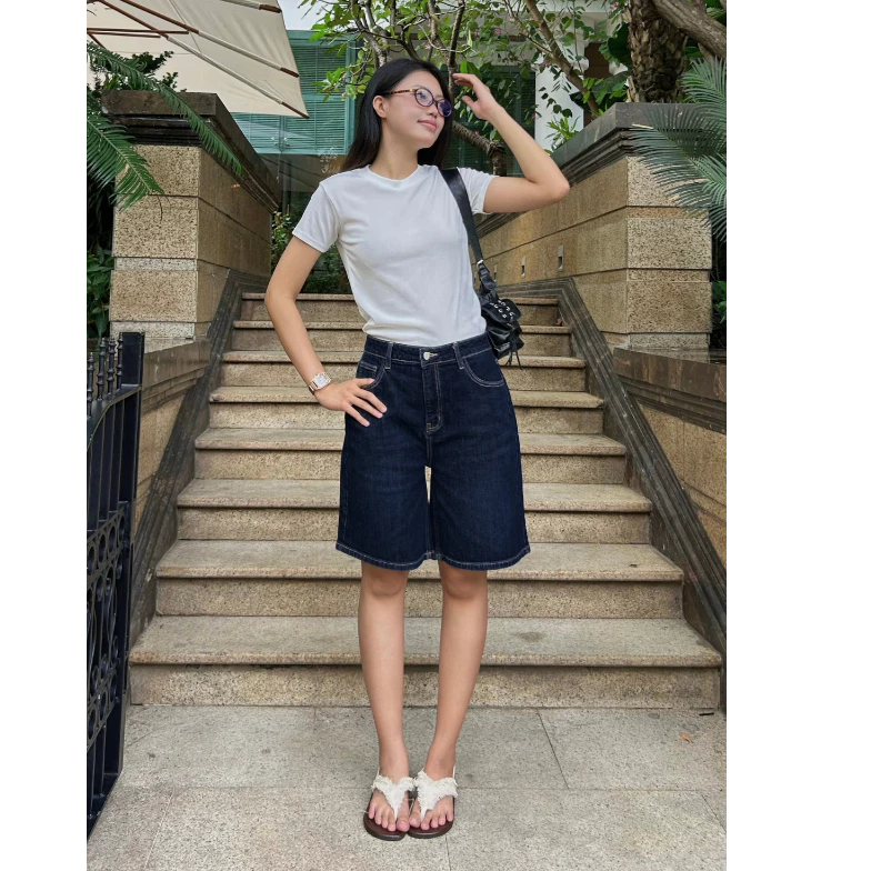 Quần Short Ngố Rede HD-02A/021/031 Ống Rộng Chất Denim Không Co Giãn Lưng Cạp Cao Màu Xanh Nhạt/Đậm
