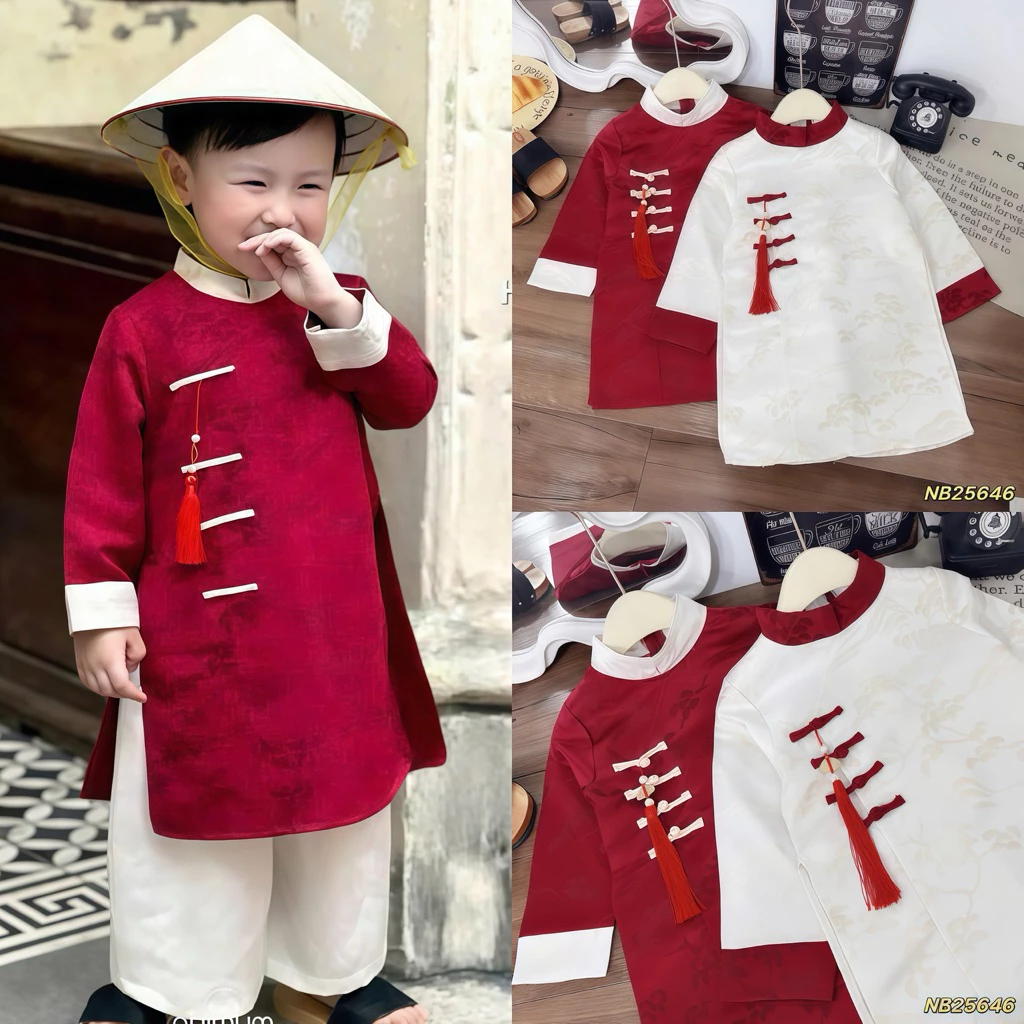 {Chất gấm đẹp} Áo dài cho bé trai sz 8-35kg, Áo dài tết cho bé trai 2 màu đỏ trắng