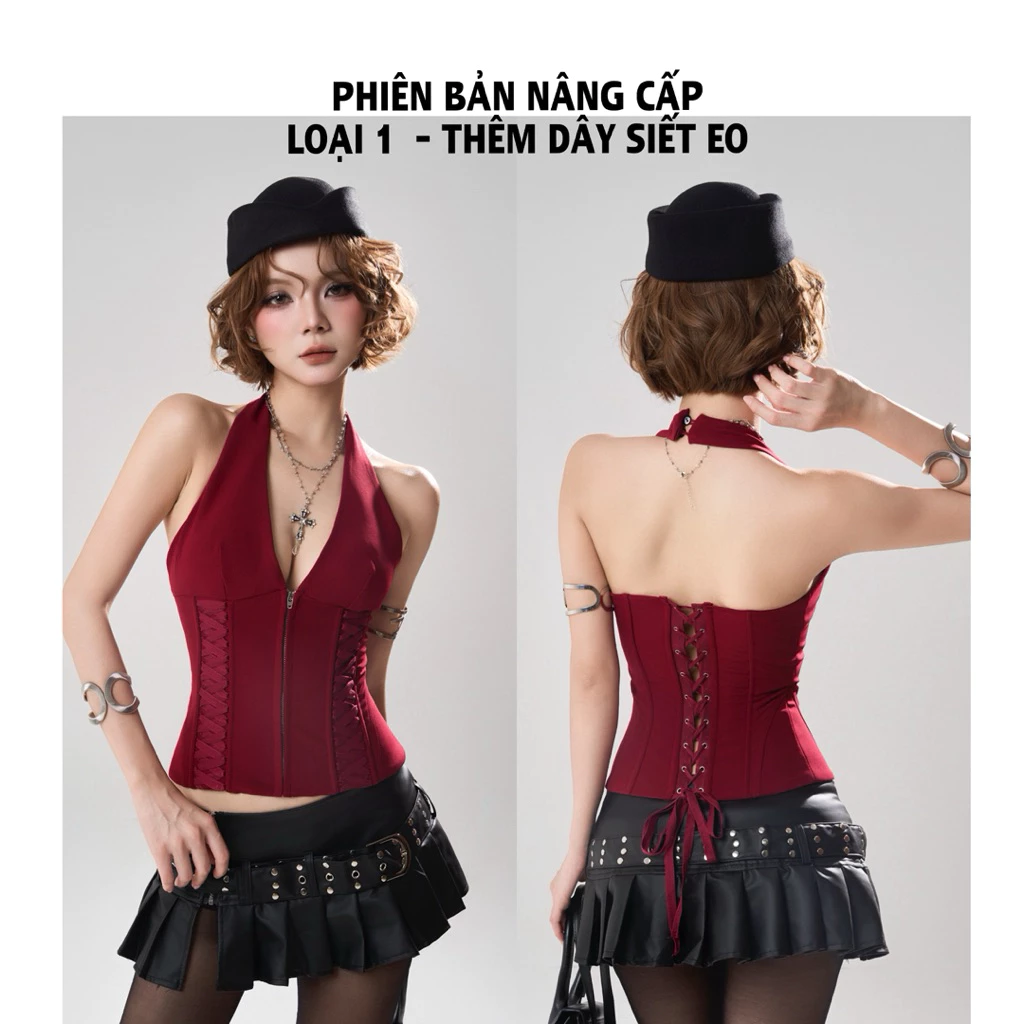 Áo JENNIE corset đỏ/đen ( HÀNG CAO CẤP ) đan dây kéo khoá style Âu Mỹ