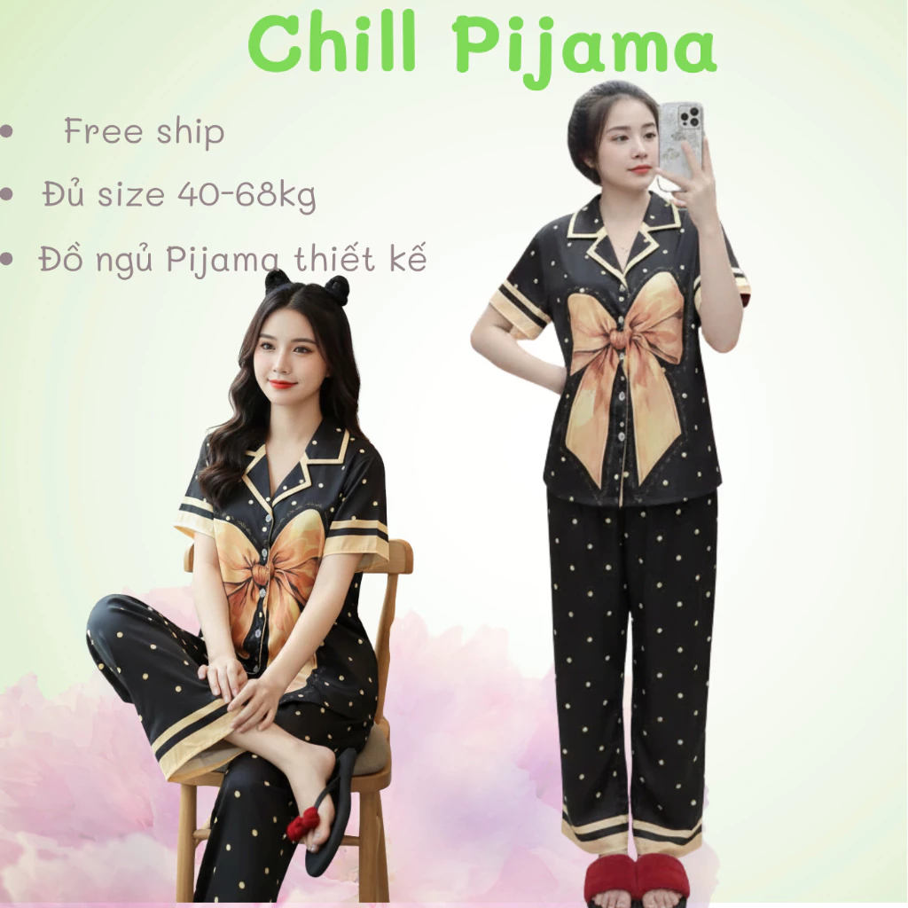 [Chill Pijama] Bộ Đồ Mặc Nhà Pijama Quần Dài Áo Dài Lụa Cát In Họa Tiết Xinh Đủ Size 40kg-68kg