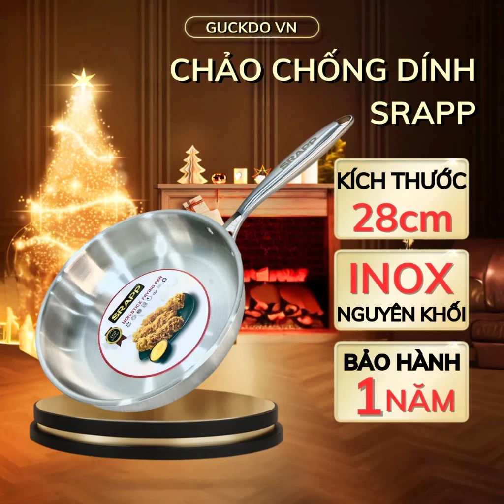 Chảo inox nguyên khối Srapp SH33, chảo chống dính đáy 3 lớp dùng cho mọi loại bếp, BH 12T