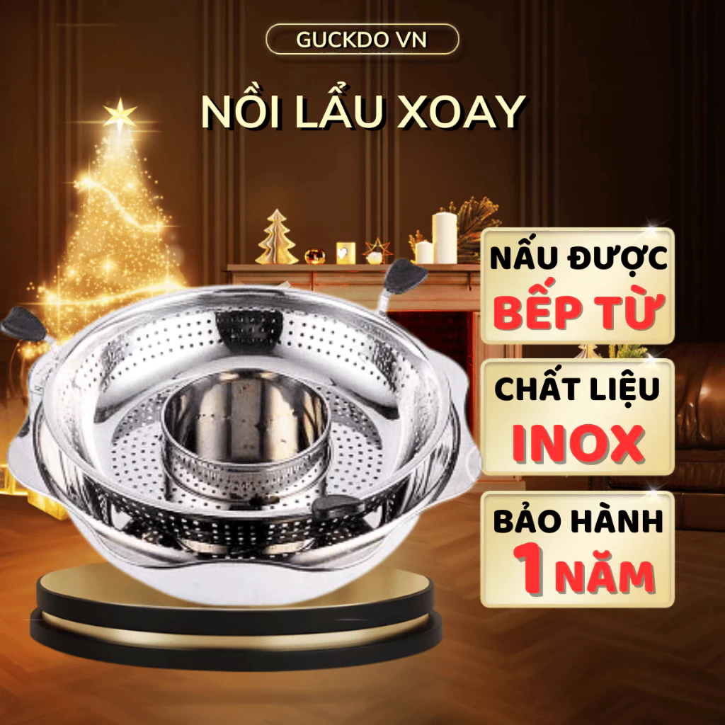 Nồi lẩu Inox xoay 2 tầng - Kích thước 36cm, không lèm vung, dùng được nhiều loại bếp từ & bếp ga