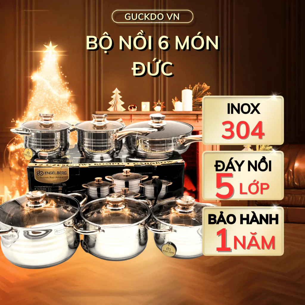 Bộ nồi inox Đức 6 món đáy 5 lớp cao cấp, dùng được cho mọi loại bếp  - Bảo hành 12 tháng