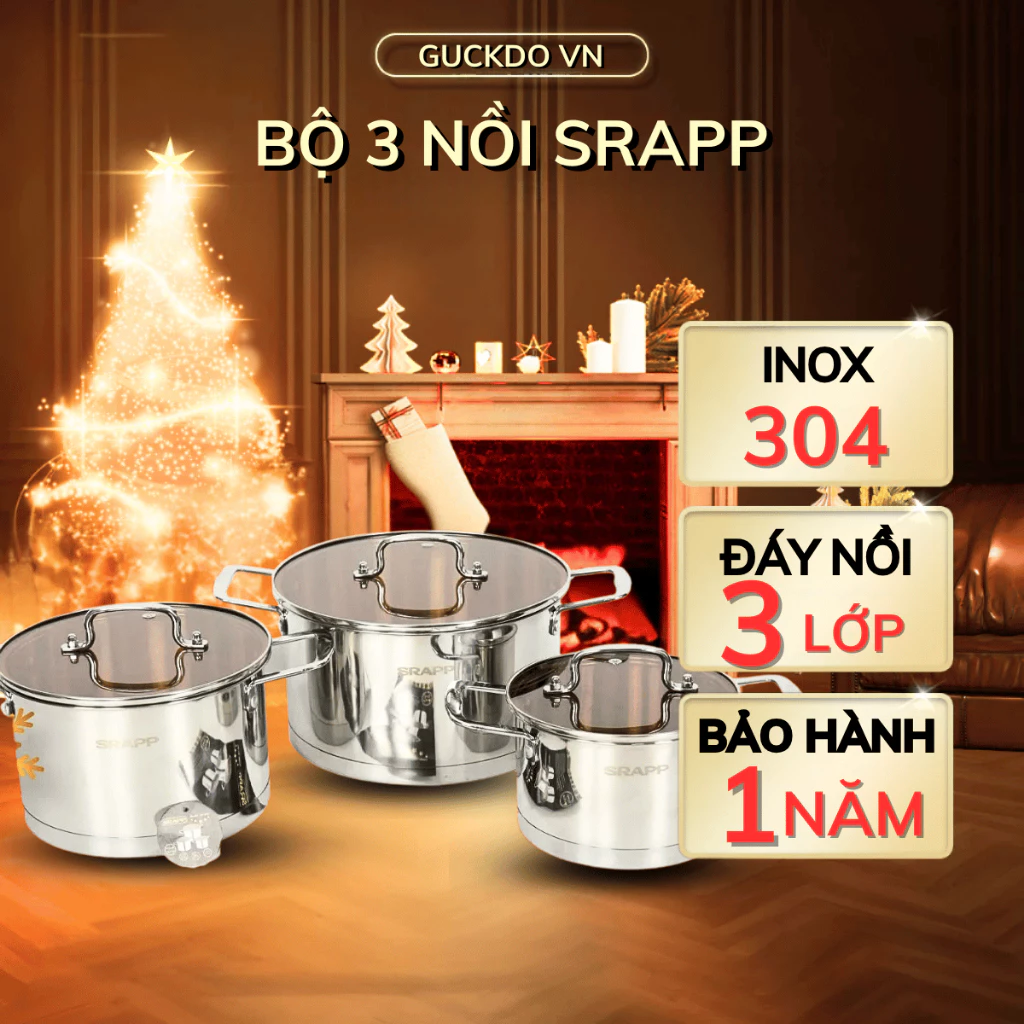 Bộ 3 nồi inox chính hãng SRAPP SH-805 - Sản phẩm bền bỉ, an toàn và thẩm mỹ - Size 16cm, 18cm và 20cm
