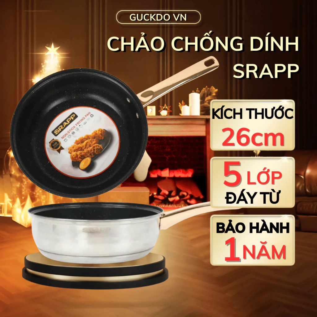 Chảo chống dính inox SRAPP SH-30, Chảo inox size 26cm đáy 5 lớp phù hợp mọi loại bếp