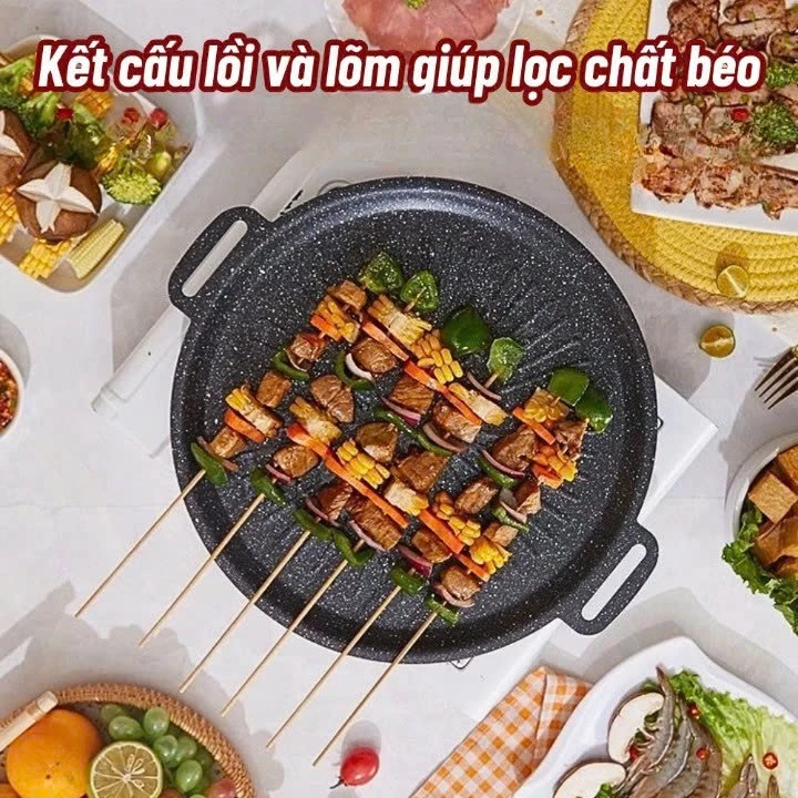 Chảo Nướng Vân Đá Chống Dính Size 34cm – Nướng BBQ, Dùng Được Cho Cả Bếp Từ