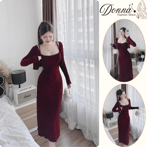 Set đồ nữ, đồ bộ nữ DONNA HCOM3648 áo khoác cardigan mix váy body tôn dáng tiểu thư