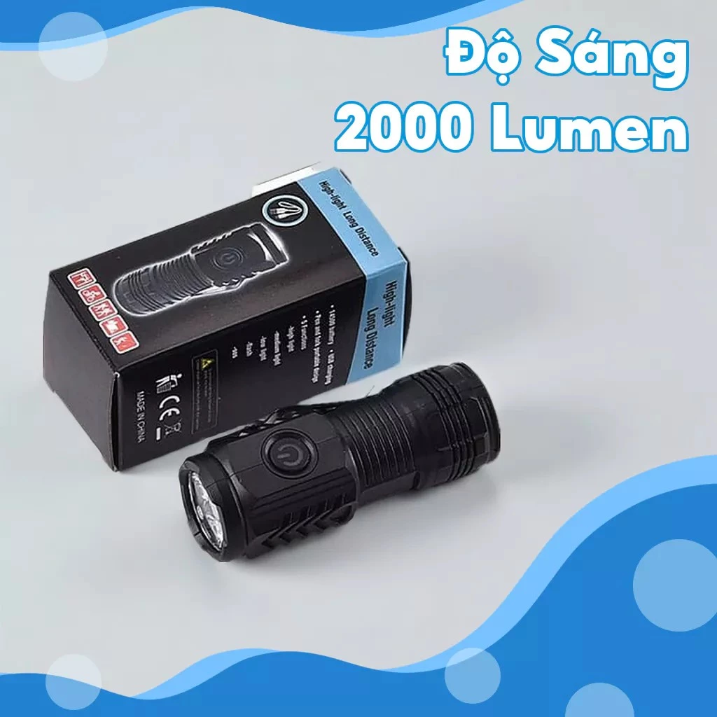 Đèn pin mini siêu sáng 2000 Lumen, 5 chế độ chiếu xa, pin trâu 1.500mAh, chống nước IPX4