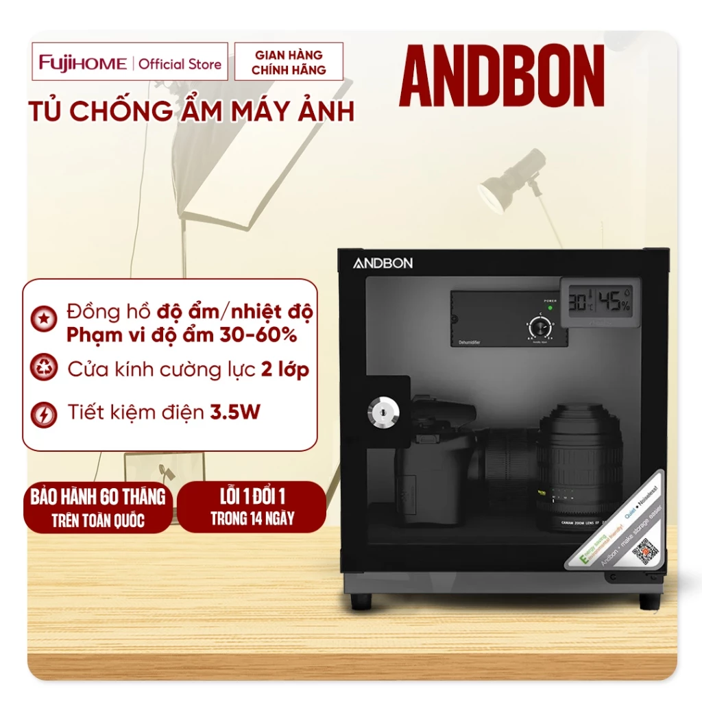 Tủ chống ẩm máy ảnh 18 Lít Nhập Khẩu Andbon AB-18C, tủ hút ẩm máy ảnh mini 1 ngăn tiết kiệm điện dry cabinet chống xước