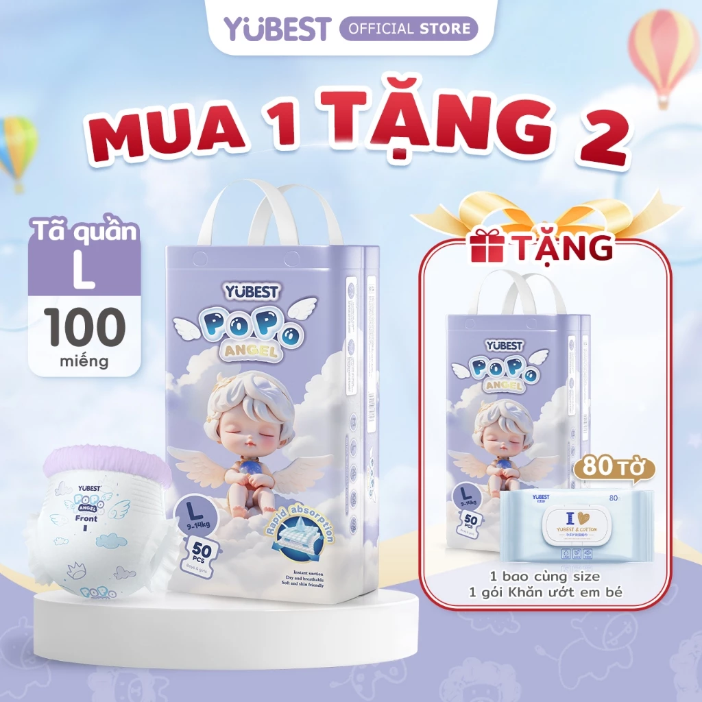 【Mua 1 Tặng 2】Yubest Khung eo bong bóng Tã/bỉm dán sơ sinh Tã quần L100 miếng pH<7 an toàn cho da bé cảm giác mịn màng