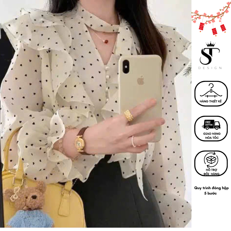 Áo sơ mi voan Hàn Thô phối bèo chấm tim thắt nơ - ST Design - 53