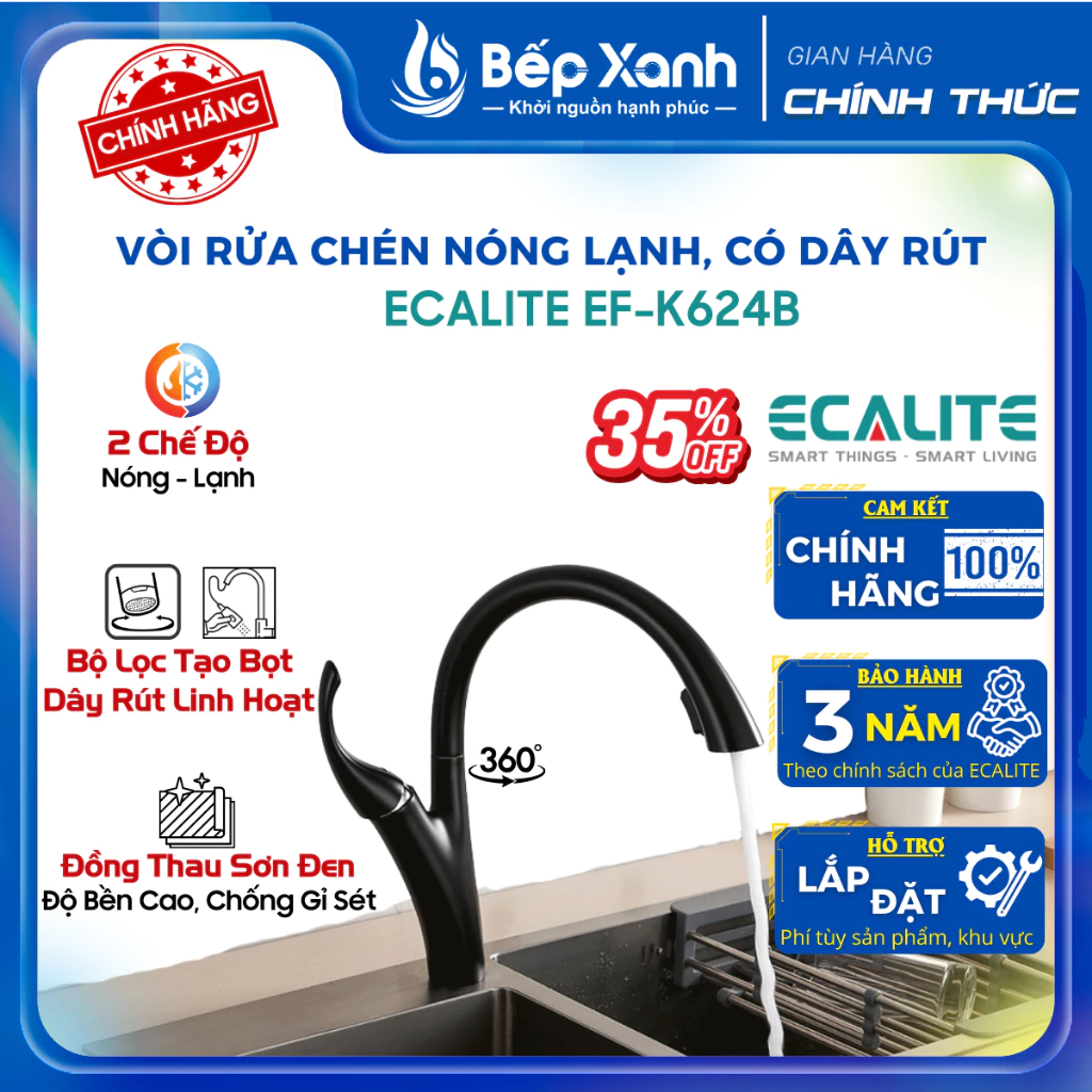 Vòi Rửa Chén Nóng Lạnh Ecalite EF-K624B - Có Dây Rút - Điều Chỉnh Tia Nước