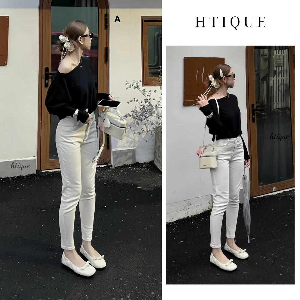 HTIQUE - Mở bán Quần JEAN nữ dáng ôm, Quần jean trắng cao cấp dễ phối đồ len QB01