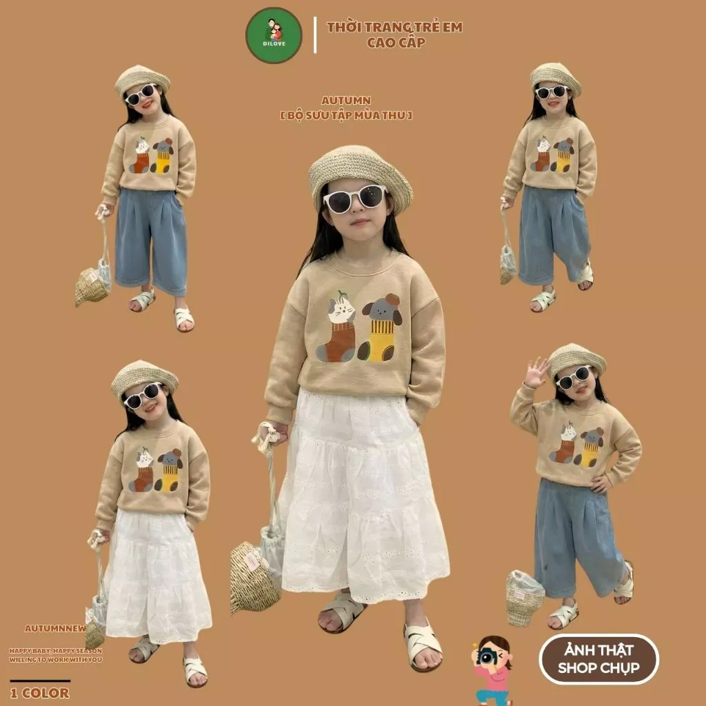 Áo nỉ cho bé DILOVE Áo cho bé gái bé trai Thu Đông Áo cho bé gái dài tay chất liệu nỉ cao cấp quần áo cho bé - Áo Nâu