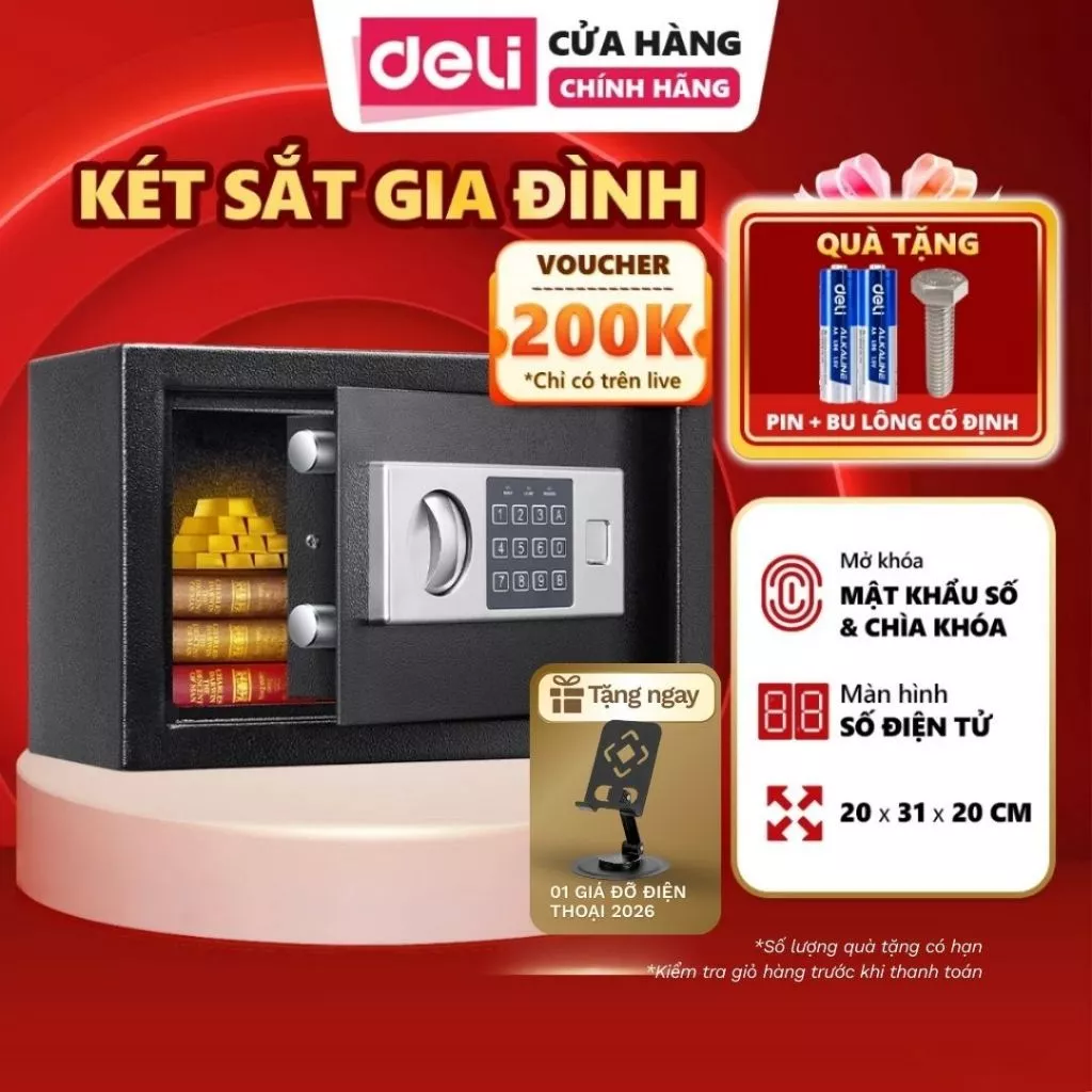 [Tặng Pin] Két Sắt Điện Tử DELI Két Thông Minh Chống Trộm Khóa Số Điện Tử, Hợp Kim Thép Carbon