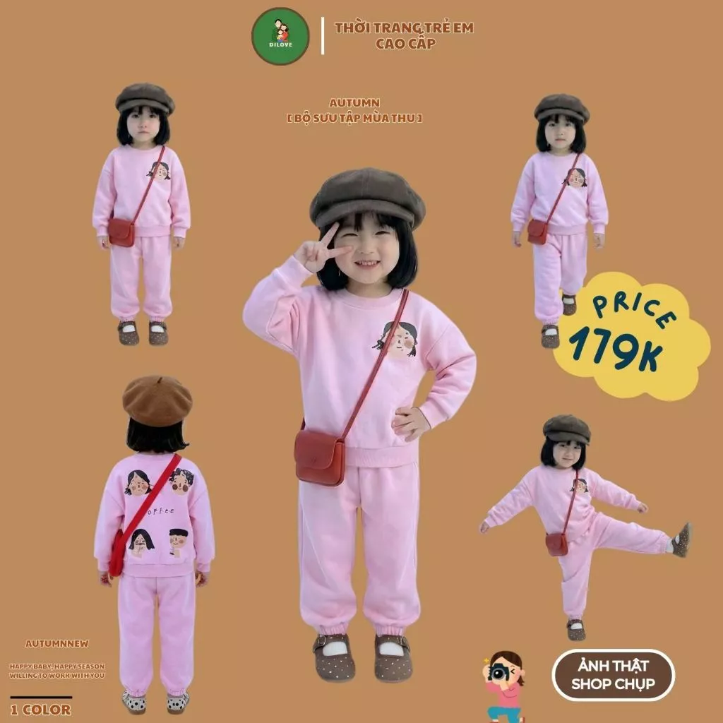 Quần áo bé gái DILOVE Đồ bộ cho bé gái Thu Đông Set bộ cho bé gái dài tay chất liệ nỉ cao cấp Bộ quần áo cho bé -Nỉ hồng